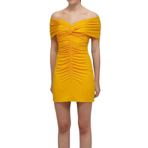 Self-Portrait Bodycon Mini Dress Size 8 Yellow Jersey Off-Shoulder Ruched